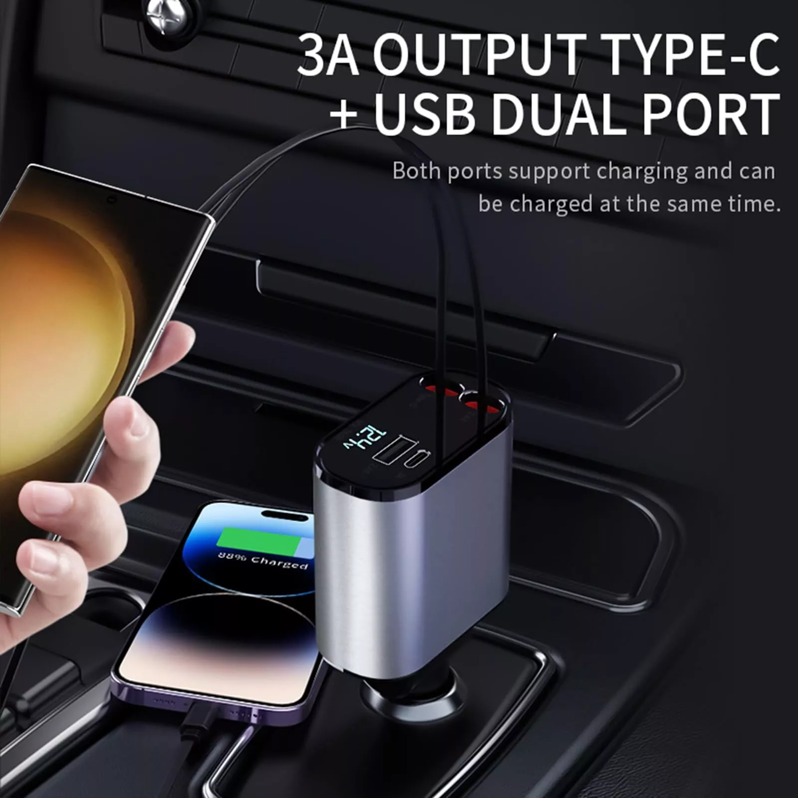 Retractable Car Charger 4 in 1 Fast Car Phone Charger 120W with USB Type C Cable Retractable Car Charger 4 in 1 Fast Car Phone Charger 120W with USB Type C Cable