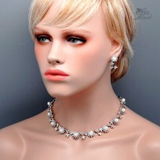 Women Pearl Crystal Necklace Earrings Jewelry Set Wedding Flower Silver Tone 038