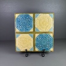 Large Vintage Antique Tile Old Rare Yellow Turquoise Blue Ceramic Pattern