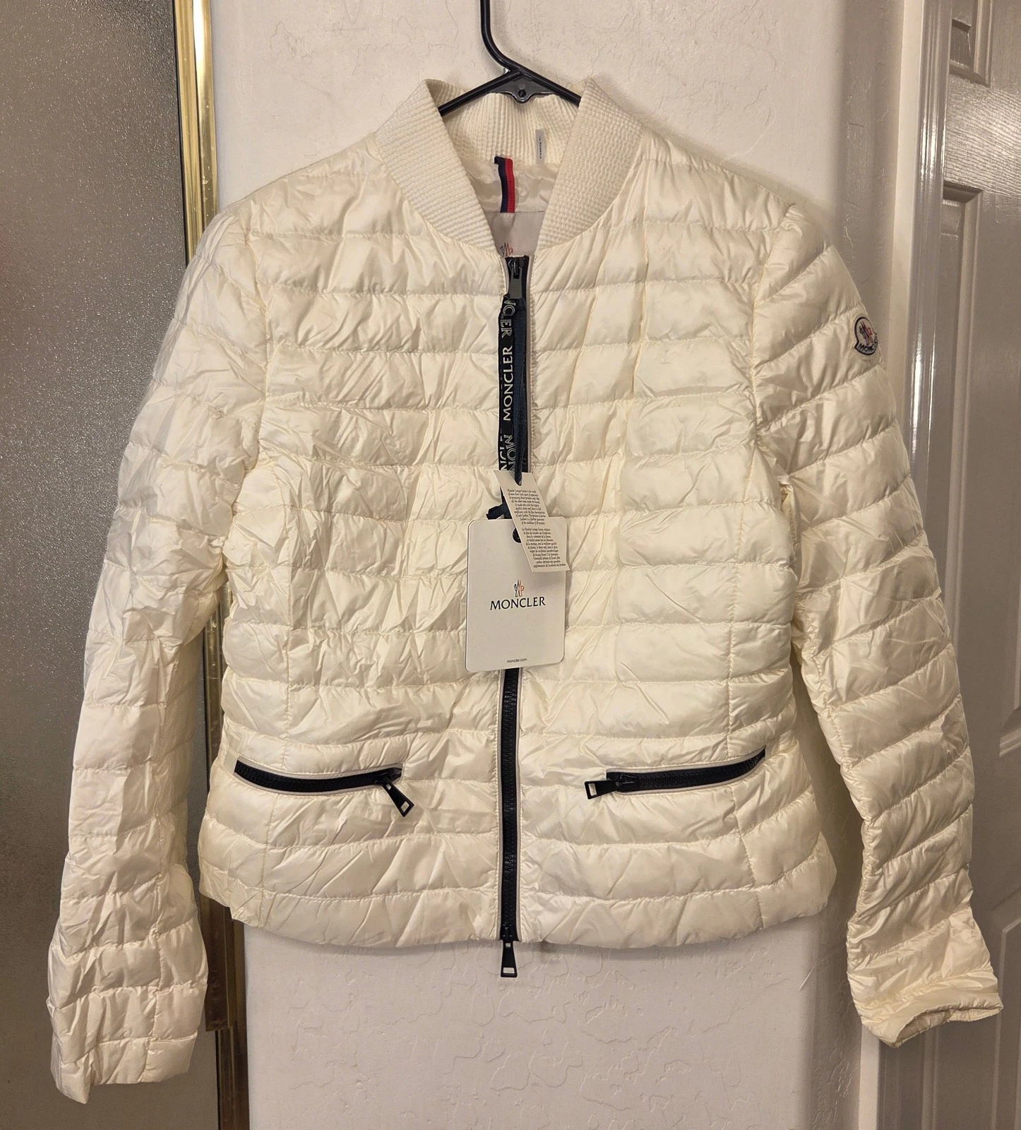 Moncler — New! Moncler 'Blenca' Down Puffer Biker Coat Ivory Nylon Womens 2 / M MSRP $1125