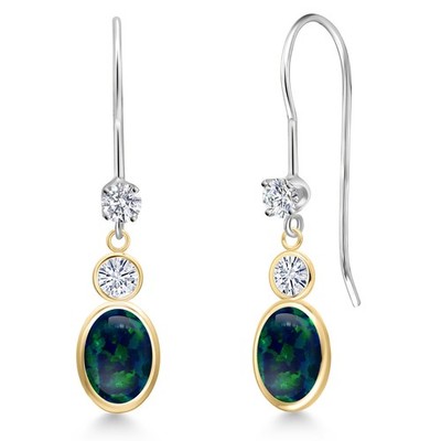 14K Two Tone Gold Simulated Green Opal and White Moissanite and Lab Grown