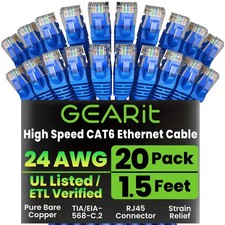 Cat 6 Ethernet Cable Pack - 20-Pack 1.5 ft Cat6 Ethernet Patch Cables  RJ45 ...