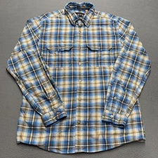 Orvis Shirt Mens Medium Blue Plaid Flannel Cordura Button Front Long Sleeve