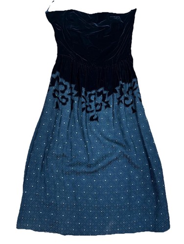 Vintage 80s Black Velvet Embroidered Sequin Mini Strapless Dress Whimsigoth