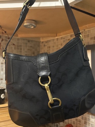 Coach Hampton Hobo Black Canvas Leather Shoulder Handbag 11058