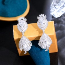 Stunning Silver Plated Cubic Zircon White Engagement Pearl Dangle Drop Earrings