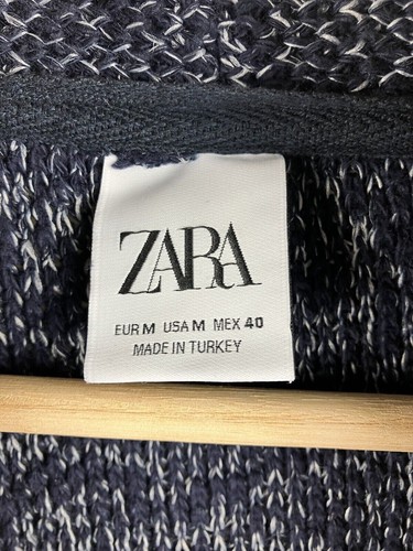 ZARA maglione cardigan donna medio aperto davanti blu navy + bianco lungo maglia grossa - Foto 7 di 7