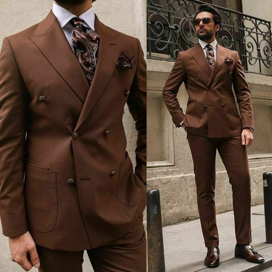 Brown Men Suits Peak Lapel Double Breasted Business Groom Tuxedos Suit  Tailored