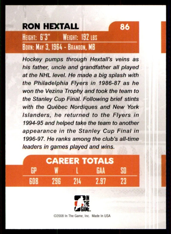 2007-08 In The Game Between the Pipes Ron Hextall Philadelphia Flyers #86 - Image 2 of 2