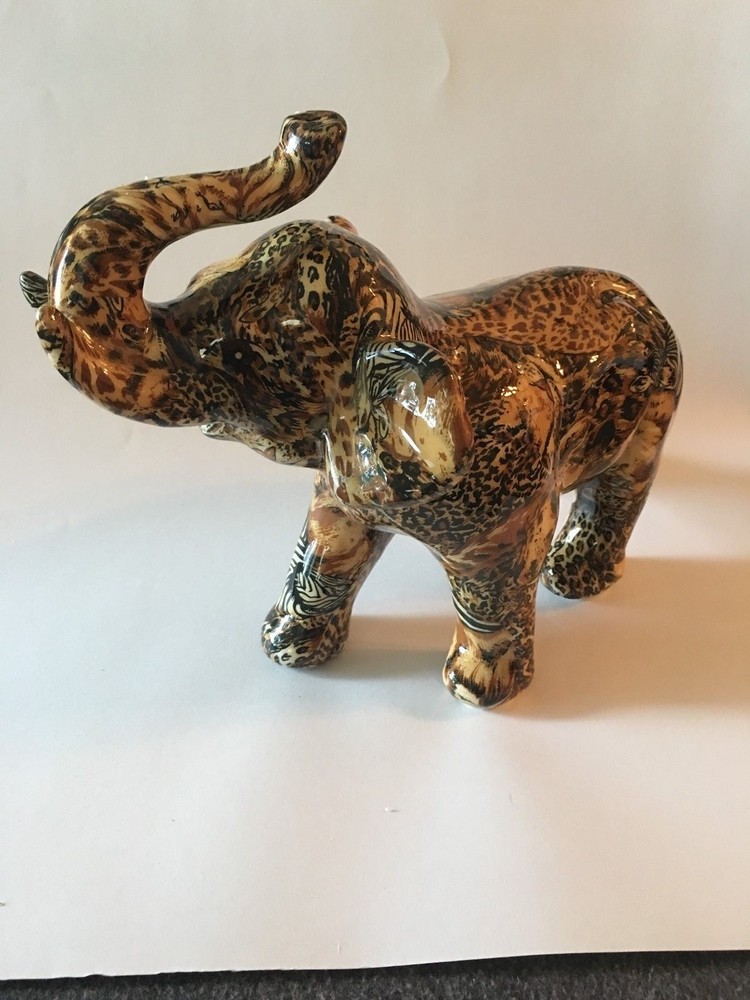 Charging Elephant Figurine Safari patchwork Fabric Ceramic