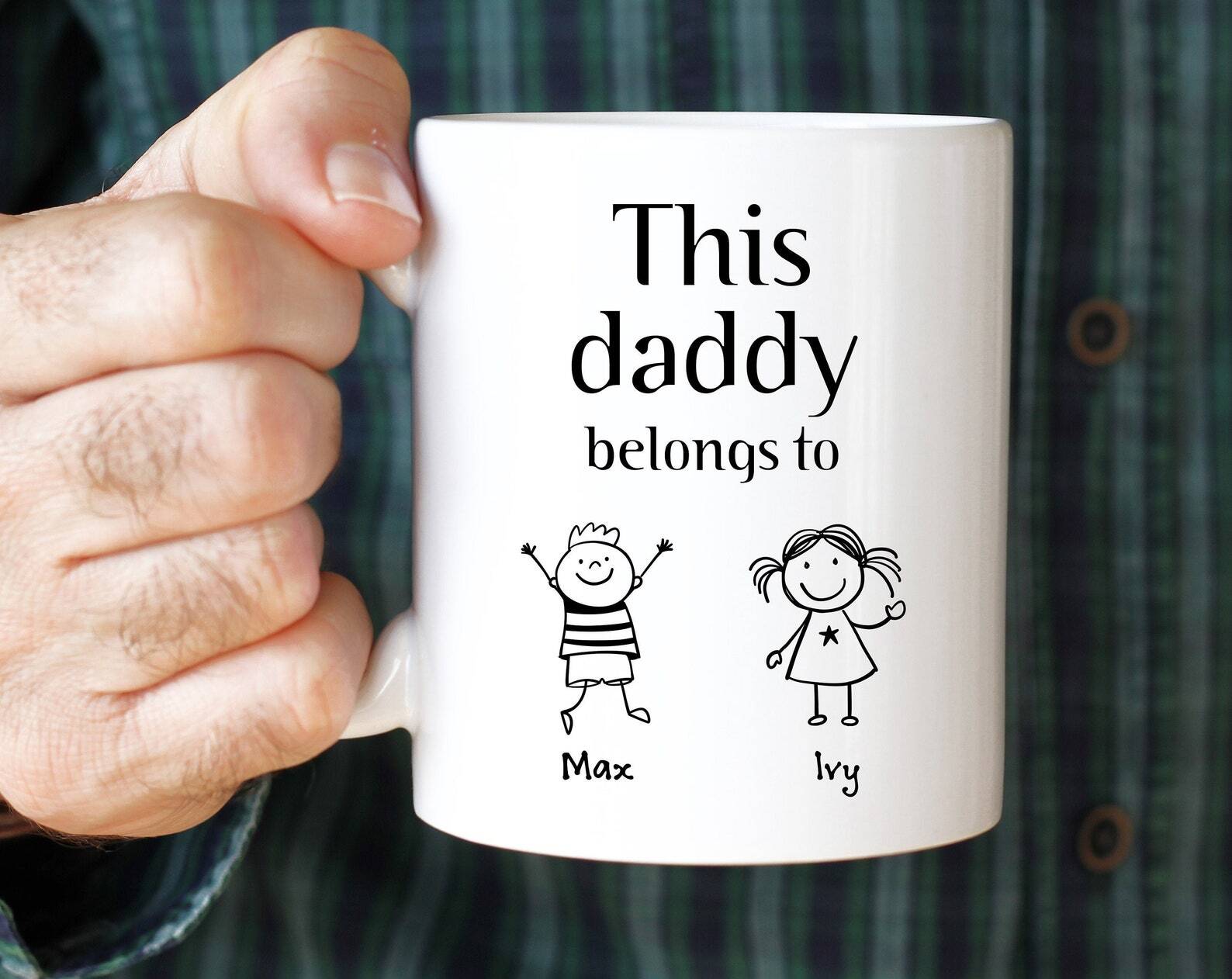 This Daddy Belongs To Mug With Kids Names Children's Drawing Personalised First