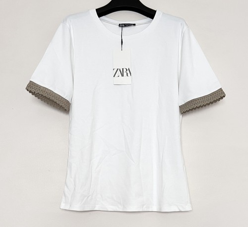 Zara Top T-Shirt Contrasting Trim at Sleeves White/Beige X-Large Slim Fit NWT