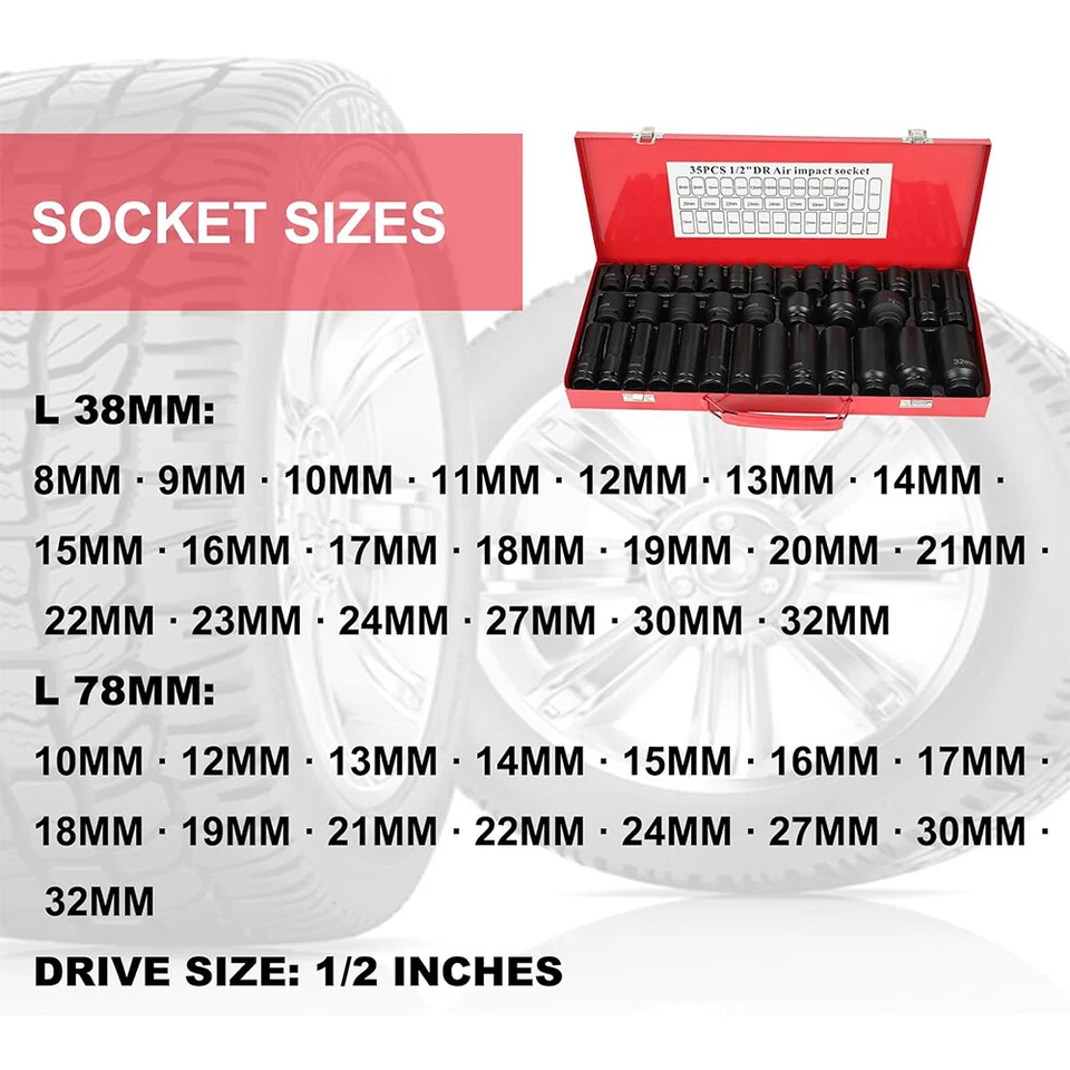 35 Piece Heavy Duty Car Truck Deep Impact Socket Set 1/2" Drive 8mm-32mm Metric - Image 4 of 4