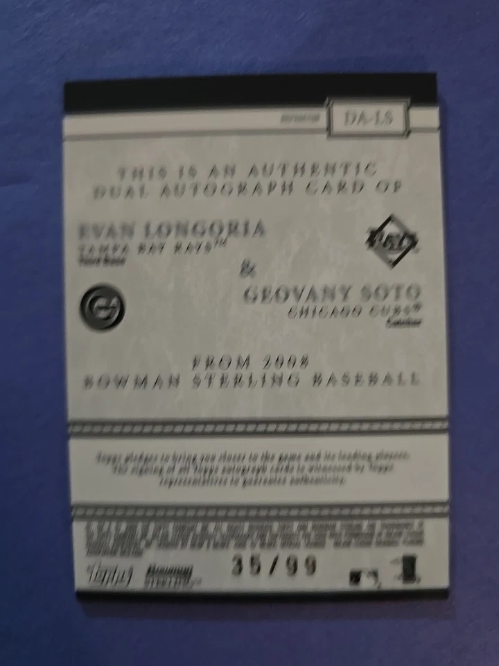 2008 BOWMAN STERLING AUTÓGRAFO DUPLO EVAN LONGORIA/GEOVANY SOTO # /99 - Imagem 2 de 4