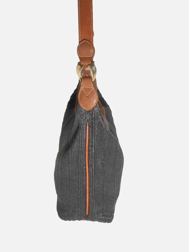 Bolso Bandolera/Hombro Amplio Capezio Negro Acanalado Tela con Borde de Cuero Marrón Foto 4 de 4