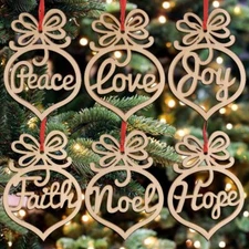6PCS Christmas Wooden Hollow Out Pendant Ornament Wood Peace Love Joy Faith USA
