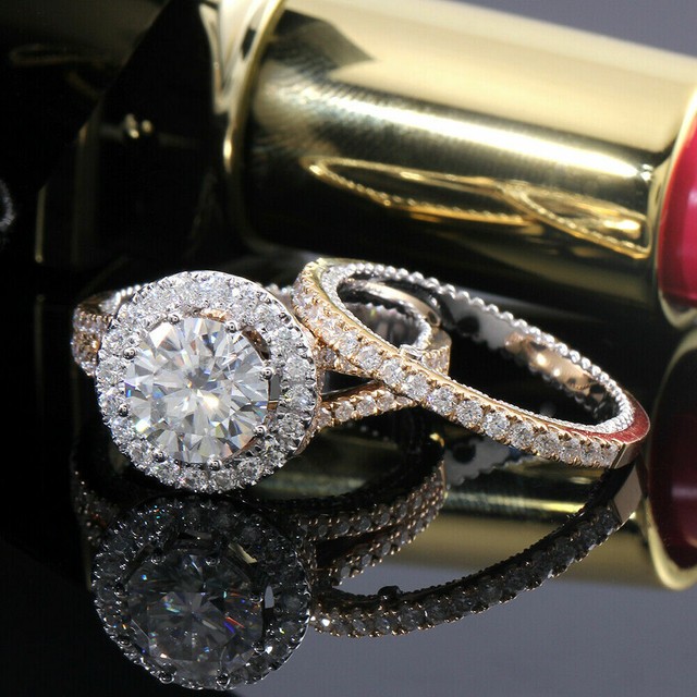 2.50ctw Round Moissanite Matching Band Engagement Ring Two Tone Gold Plated Ring 2.50ctw Round Moissanite Matching Band Engagement Ring Two Tone Gold Plated Ring