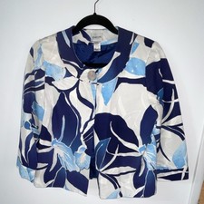 Chico's Floral Blue White Suit Jacket Blazer 3/4 Sleeve Size 1 excellent