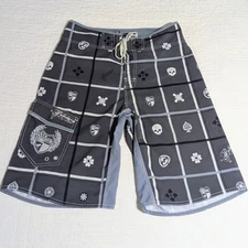 90s Billabong Board Shorts Men's Sz 31 Gray Skull Checkerboard Pocket Surf Beach