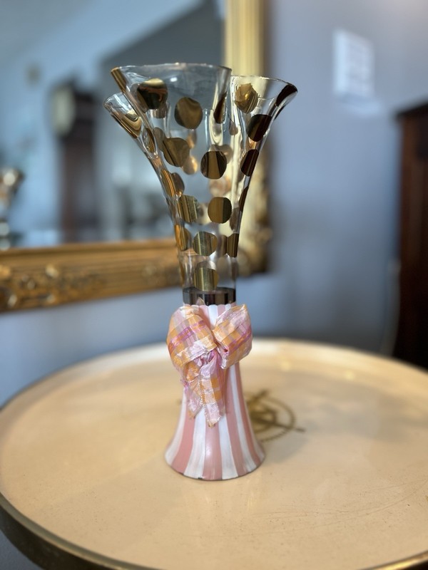 Hand-blown glass vase with gold polka dots and ruffled edge by MacKenzie-Childs