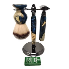 Buckeye Burl Shave Set Dark Blue Resin Wet Shaving Kit Razor + Brush - CBW $250