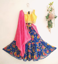 Blue Floral Lehenga Choli Indian Wedding Mehendi Haldi Outfit Yellow Blouse Set