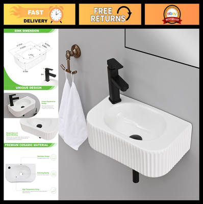 Rectangular Wall-Mounted Bathroom Vessel Sink with Faucet & Drain - White Cerami