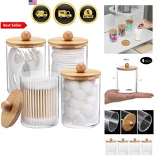 Qtip Holder 4 Pack Bathroom Organizer Clear Plastic Apothecary Jars with Bamb...
