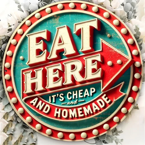 Retro EAT HERE Aluminum Vintage Tin Metal Sign Wall Art 8x8