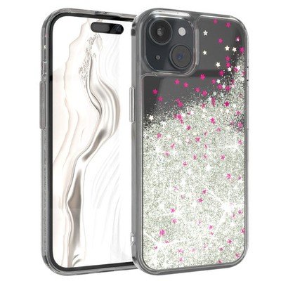 Für iPhone 15 Handyhülle Flüssig Glitter Hülle Schutz Handy Case Cover Silber