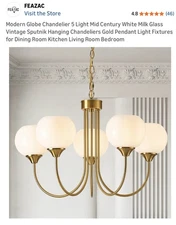 FEAZAC Modern Globe Chandelier 5 Light Mid Century White Milk Glass Vintage