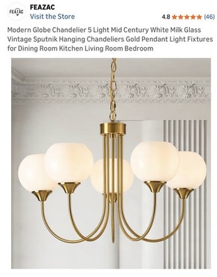 FEAZAC Modern Globe Chandelier 5 Light Mid Century White Milk Glass Vintage