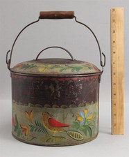 Antique 19th century Folk Art Painted Floral Bird Tin Toleware Lunch Bucket Pail