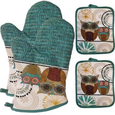 Oven Mitts and Pot Holders Sets, Funny Owl Kitchen Oven Mitts Heat Resistant ...