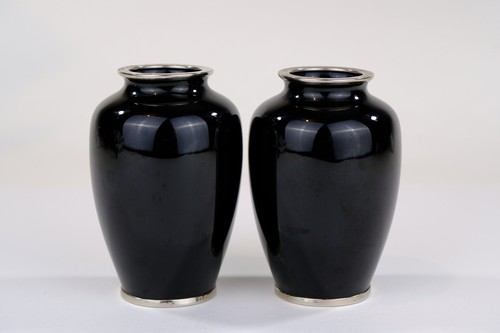 Antique Japanese Meiji Era (c1880) Cloisonné Vases x2 PAIR Pink Roses Black 3 - Picture 3 of 6