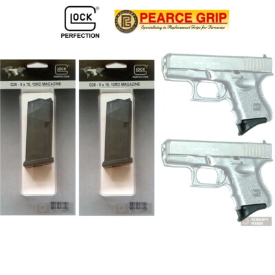 TWO GLOCK 26 9mm 10-Round MAGAZINES + Pearce Grip EXTENSIONS 26010