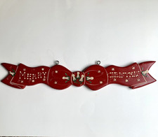 Merry Christmas Hanging Wood Sign Wall Plaque Hand Painted Wooden Red Ribbon 24"