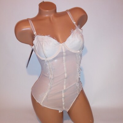 Extreme Look Lingerie One Piece Teddy Bodysuit Beige Lace Sheer Snap Up Bottom