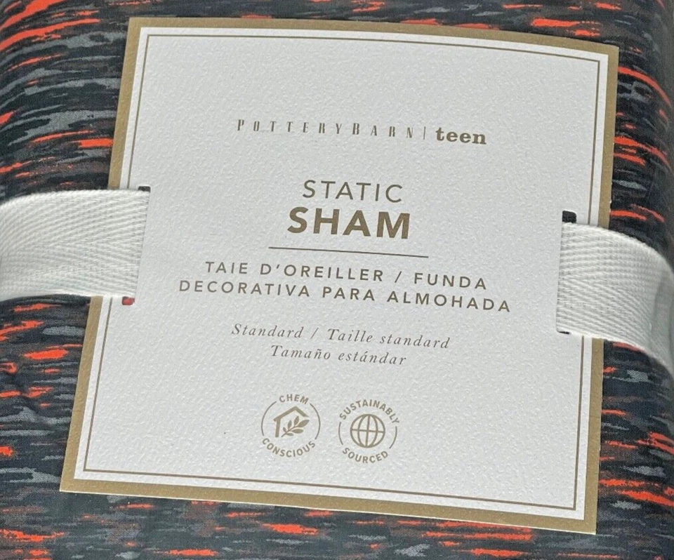 Pottery Barn Teen Static Sham 双面标准枕头灰色黑色橙色新品 — 第 3/4 张图片