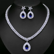 CWWZircons White Gold Plated CZ Big Drop Wedding Necklace Earrings Jewelry Sets