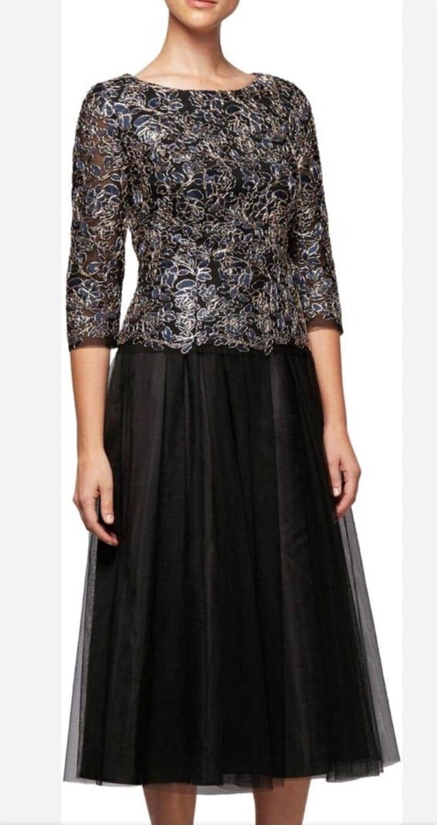 Alex Evenings Mock Two-Piece A-Line Gown w/ Brocade Blue Gold Black Tulle Top | eBay Alex Evenings Mock Two-Piece A-Line Gown w/ Brocade Blue Gold Black Tulle Top | eBay