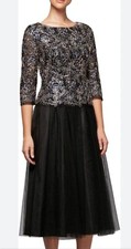 Alex Evenings Mock Two-Piece A-Line Gown w/ Brocade Blue Gold Black Tulle Top