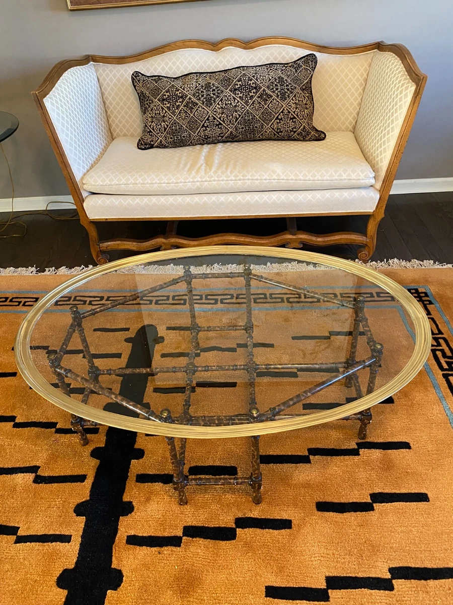 Baker Furniture Glass/Brass Faux Bamboo Oval Coffee Table