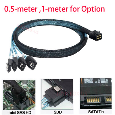 Mini SAS SFF-8643 Target to 4 SATA 7pin Host Hard Disk Data Raid Cable 0.5m / 1m