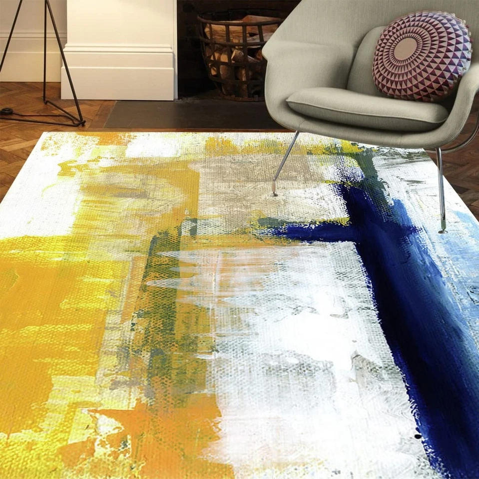 当代现代抽象蓝色黄色活力小地毯 5x7 超柔软羊毛... — 第 2/4 张图片
