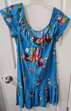 Hilo Hattie Vintage Hawaiian dress Off Shoulders Blue Floral fish Seashells Med