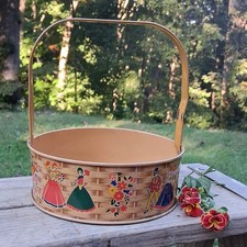 Vintage 1940s Tin Litho Toy Basket with Handle