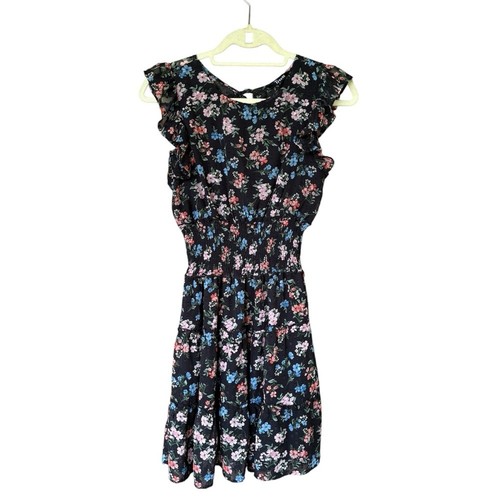 Trixxi Black Floral Ruffle Dress Size M Smocked Waist Boho Cottagecore - Picture 1 of 7