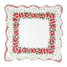 Vintage Red Tulips Handkerchief, Red, Green, Pink, Floral, Cotton Scalloped Edge