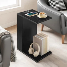 HOOBRO C-Shaped End Table with Charging Station Side Table Bedside Table Black